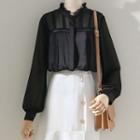 Lantern-sleeve Stand-collar Wood Ear Trim Chiffon Shirt