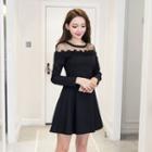 Mesh Panel Long-sleeve A-line Dress
