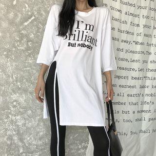 Set: 3/4-sleeve Lettering T-shirt + Contrast Trim Leggings