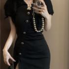 Short-sleeve Bodycon Split A-line Mini Dress Black - One Size