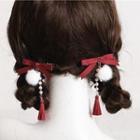 Tasseled Pom Pom Bow Hair Clip 1 Pair - Red - One Size