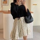 Long-sleeve V-neck Top / Dotted A-line Mini Skirt