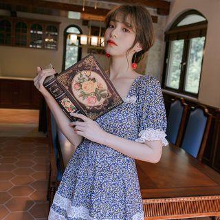 Short-sleeve Floral Print Lace Trim Swim Dress