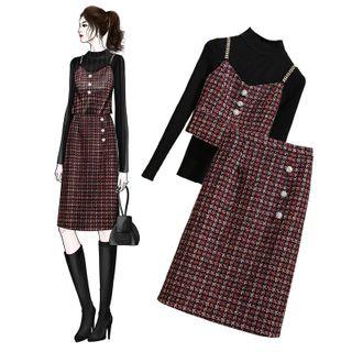 Set: Plain Sweater + Tweed Camisole Top + Midi A-line Skirt