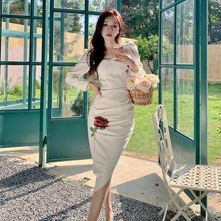 Long-sleeve Square Neck Shirred Maxi Sheath Dress