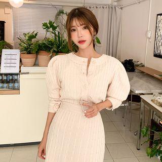 Puff-shoulder Cable-knit Cardigan