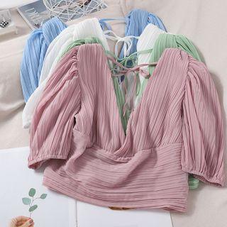 Short-sleeve Tie-back Accordion Pleated Cropped Blouse
