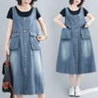 Denim Flap-pocket Button Midi A-line Pinafore Dress