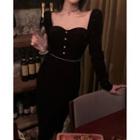 Rhinestone Strap Long-sleeve Velvet Midi A-line Dress