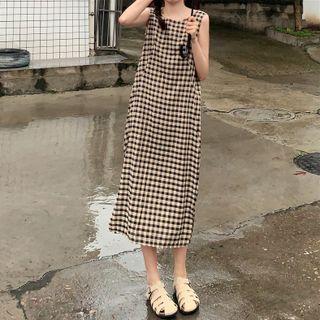 Sleeveless Plaid Drawstring Dress