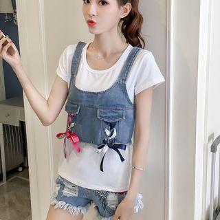 Set: Short-sleeve T-shirt + Denim Camisole Top + Rip Denim Shorts