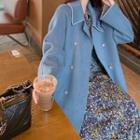 Double-breasted Long Wool Coat / Long-sleeve Floral Print Midi A-line Dress