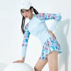 Set: Long-sleeve Floral Print Rash Guard + Swim Skirt