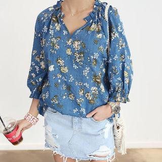 V-neck 3/4-sleeve Floral Print Top