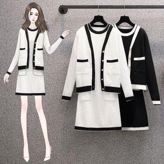 Set: Contrast Trim Cardigan + Short-sleeve Mini A-line Dress