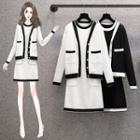 Set: Contrast Trim Cardigan + Short-sleeve Mini A-line Dress