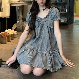 Short-sleeve Plaid Ruffle Trim Mini A-line Dress