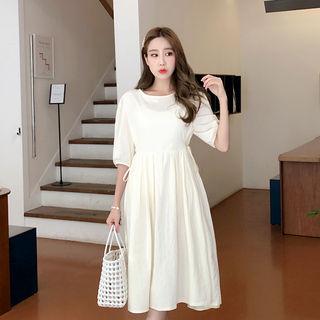 Puff-sleeve Tie-waist Dress Beige - One Size