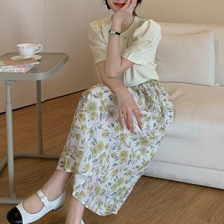 Floral Print Midi A-line Skirt Skirt - Floral - Green - One Size