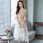 Set: V-neck Floral 3/4-sleeve Top + Midi Mesh Skirt