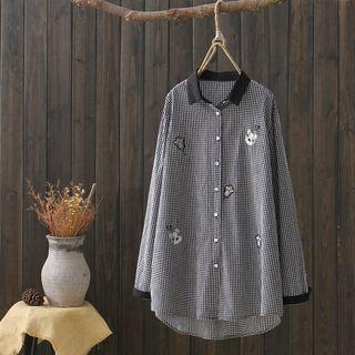 Dog Embroidered Long-sleeve Plaid Blouse