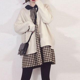 Set: Knit Cardigan + Plaid Dress