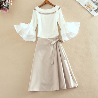 Striped 3/4-sleeve Knit Top / High Waist A-line Skirt / Set