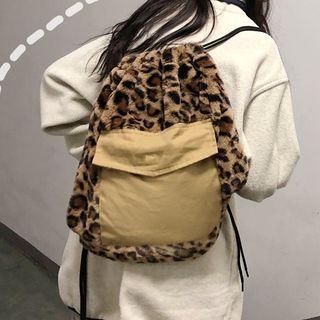 Leopard Print Panel Furry Drawstring Backpack Leopard - One Size
