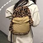 Leopard Print Panel Furry Drawstring Backpack Leopard - One Size
