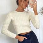 Long Sleeve Plain Cable-knit Crop Sweater