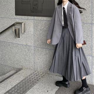 Long-sleeve Plain Shirt / Blazer / Pleated Plain Midi Skirt
