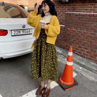 Button Cardigan / Spaghetti Strap Midi Floral Dress / Long-sleeve Top
