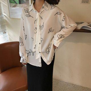 Ribbon Tie-neck Leaf Print Shirt White - One Size