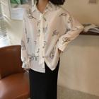 Ribbon Tie-neck Leaf Print Shirt White - One Size