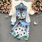Set Of 2 : Long-sleeve Lace Color Block Panel Print Shirt + Print Wide-leg Shorts