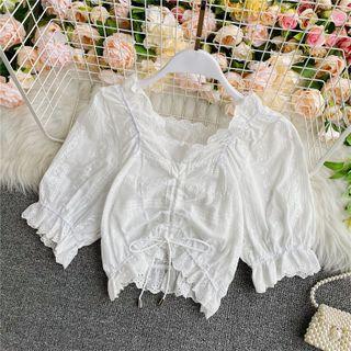 Drawstring V-neck Eyelet Lace Blouse