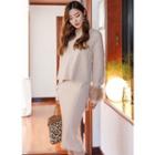 Set: Dip-back Cable-knit Top + Midi H-line Skirt