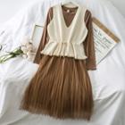 Set: Pleated Mesh A-line Dress + Drawstring Knit Vest
