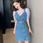 Puff-sleeve Lace Top / Mini A-line Denim Pinafore Dress