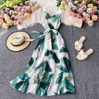 Tie-waist V-neck Leaf Print Chiffon Maxi Dress