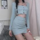 Set:plain Knit Strap Top + Knit Long-sleeve Cardigan / High-waist A-line Mini Skirt