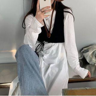 Side-slit Long-sleeve T-shirt / Lace Up Cropped Vest