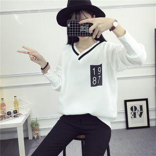 Number Print V-neck Sweatshirt