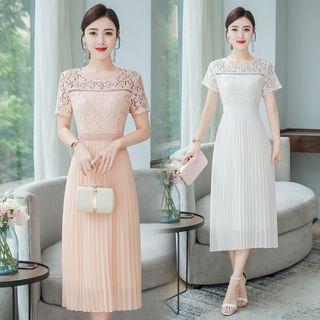 Short-sleeve Lace Paneled Midi Pleated Dress