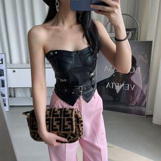 Faux Leather Plain Zip Cropped Tank Top