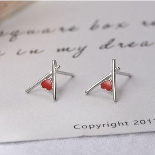 Heart Earring R571 - Red Heart - Silver - One Size