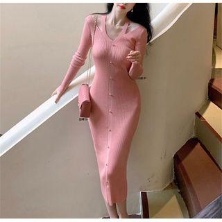 Long-sleeve Cold-shoulder Button-up Knit Midi Sheath Dress