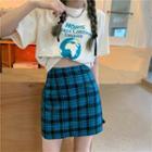 Short-sleeve Print T-shirt / High-waist Plaid Skirt