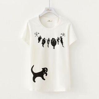 Short-sleeve Cat Print T-shirt White - One Size