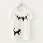Short-sleeve Cat Print T-shirt White - One Size